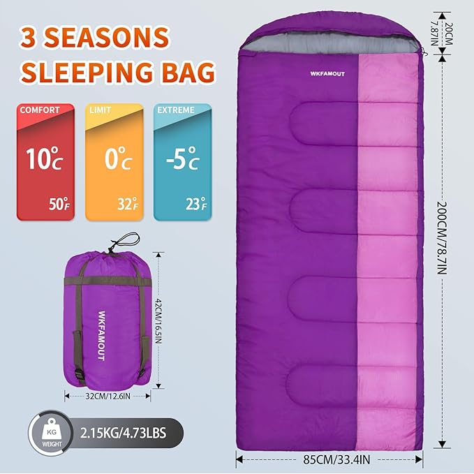 XL 10 Degree Sleeping Bags Waterproof for Adults 350GSM Machine Washable with Compression Sack for 3-4 Season Camping Outdoor