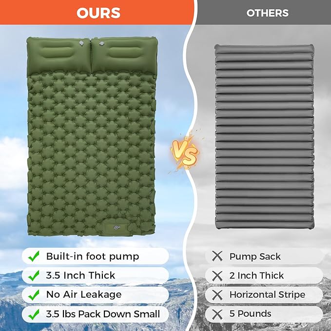 KingCamp Self Inflating Camping Mattress with Built-in Foot Pump, Connectable Durable Inflatable Sleeping Mat with Pillow, Compact Camping Air Mattress for Hiking