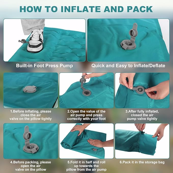 Camping Sleeping Pad with Pillow: Extra Thick 4.7 Inch Ultra-Light Self Inflating Air Mat, Lightweight Compact Inflatable Sleep Mattress with Built-in Pump Ultimate for Camping, Hiking (Peacock Blue)