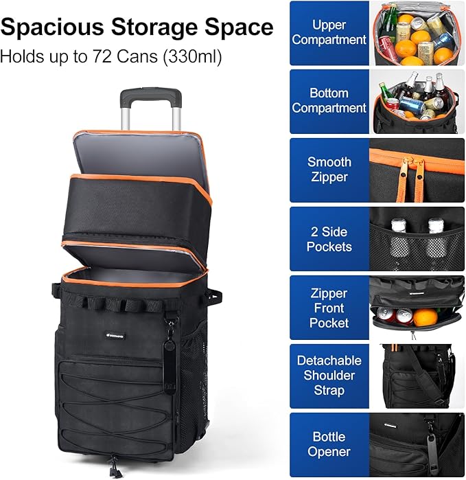 Odoland 48/72 Cans Soft Cooler with Wheels and Handle Collapsible Ice Chest Rolling Coolers on Wheels for Beach Camping Travel and Picnic