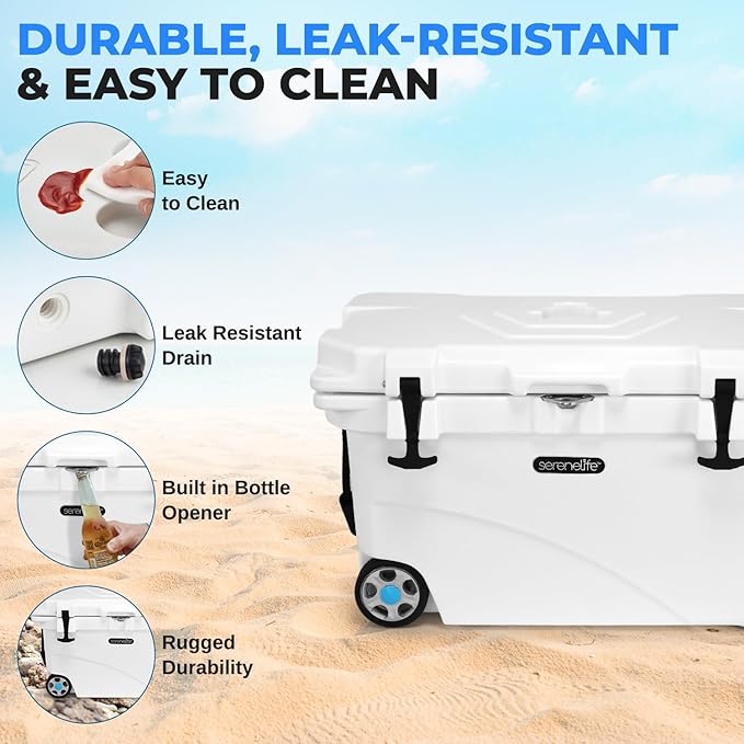 SereneLife Ultra-Tough 45 Quart Rotomolded Cooler Box with Wheels, Holds Upto 56 Cans, Keeps Ice Up to 5 Days, Heavy-Duty Insulated Portable Ice Chest Box, Ideal for Camping, Beach, and Outdoors