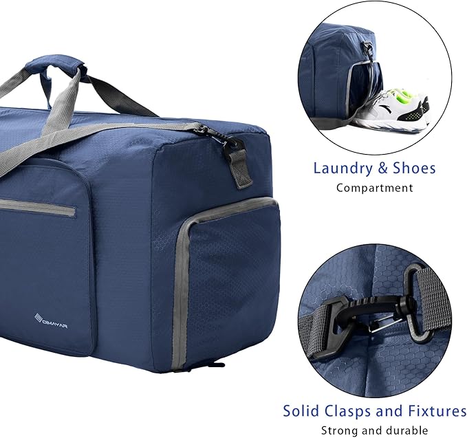 Dimayar Travel Duffle Bag for Men Women - Foldable Duffel Bag with Shoes Compartment - Overnight Bags Waterproof & Tear Resistant(40L,Dark Blue)
