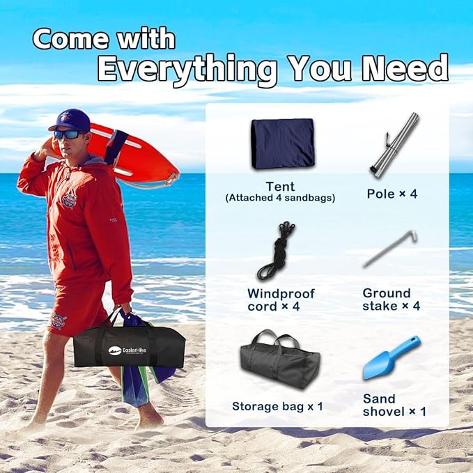 Beach Shade Tent, Portable Easy Pop Up Beach Canopy, UPF50+ Sun Protection Shelter, Windproof & Water Resistant, Perfect for Family