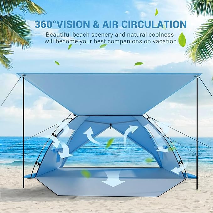 Elegear Beach Tent Sun Shelter with Canopy, 4-5 Person Pop Up Beach Tent Cabana, Easy Setup UPF 50+ UV Protection Portable Lightweight Double Silver Coating Sun Shade Shelter - Dark Blue