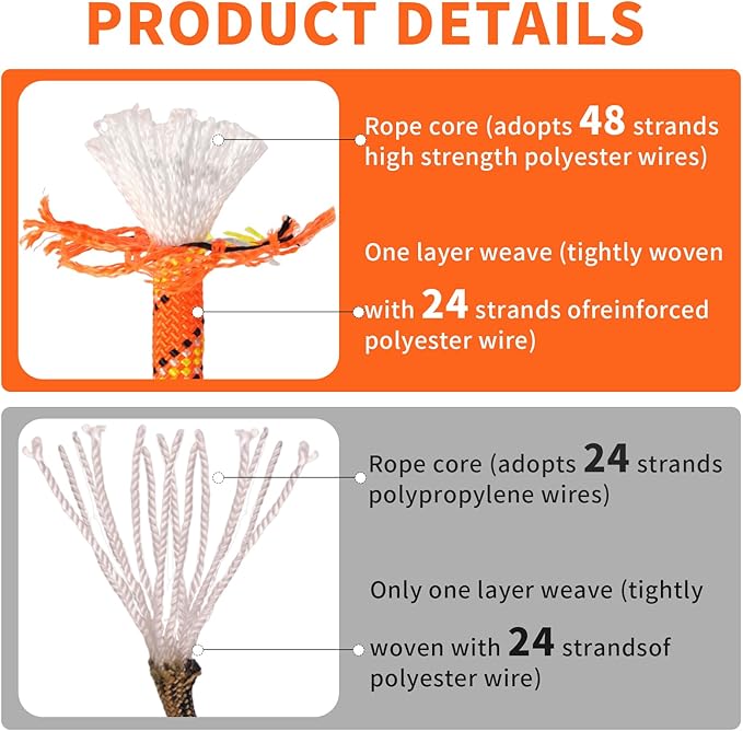 Arborist Rope Tree Rope Polyester Climbing Rope (1/2in x 200ft) 48 Strands for Pull Swing Knot (Orange)