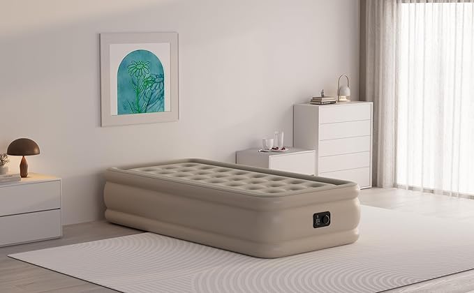 Air Mattress Twin with Built in Pump Raised, Comfort Plush Self Inflating Mattress, Inflatable Blow Up Mattress, Portable Airbed for Home, Guests, Camping(Khaki, 18” Height)