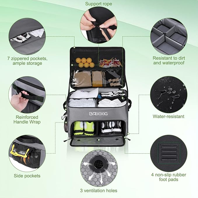 Golf Trunk Organizer, 2 Layer Waterproof Car Golf Locker with Separate Ventilated Compartment for 2 Pair Shoes, Golf Trunk Storage for Golf Accessories, Golf Gifts for Men