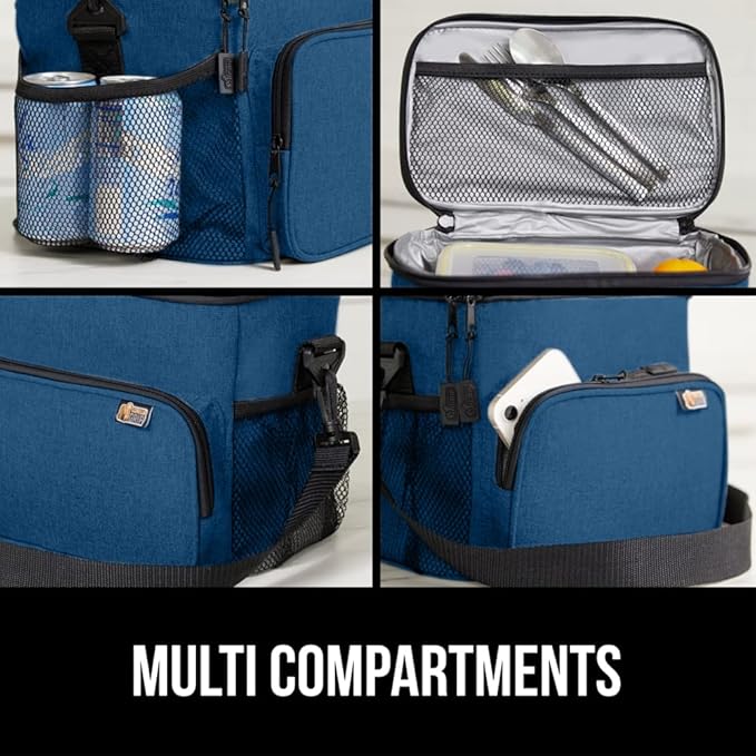 GORILLA GRIP Reusable Insulated Lunch Box Bag, Large Capacity, Leakproof Soft Cooler Bags, Mesh Pockets and Adjustable Strap, Food Tote for Work Camping School, Keep Drinks Cold, 8L, 10x9, Navy Blue