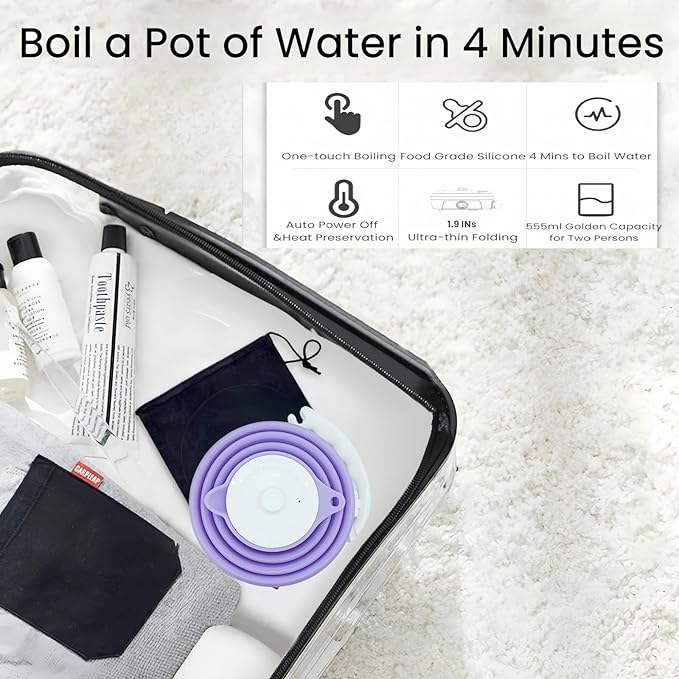 Collapsible Travel Kettle, Portable Electric Kettle, Travel Tea Kettle, Portable Water Boiler, Food Grade Silicone, Auto Shut off and Keep Warm, 110V 555ml (Purple)