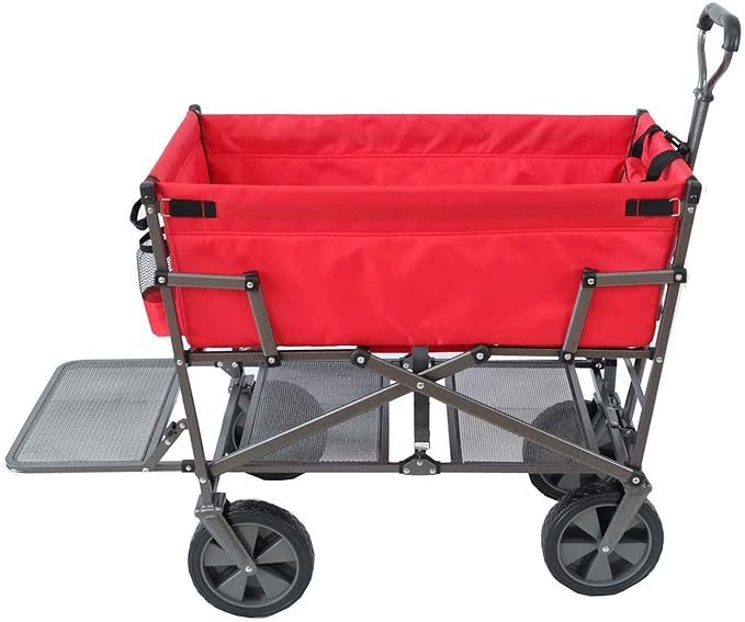 MacSports Double Decker Heavy Duty Steel Frame Collapsible Outdoor 150 Pound Capacity Yard Cart Utility Garden Wagon with Lower Storage Shelf, Red