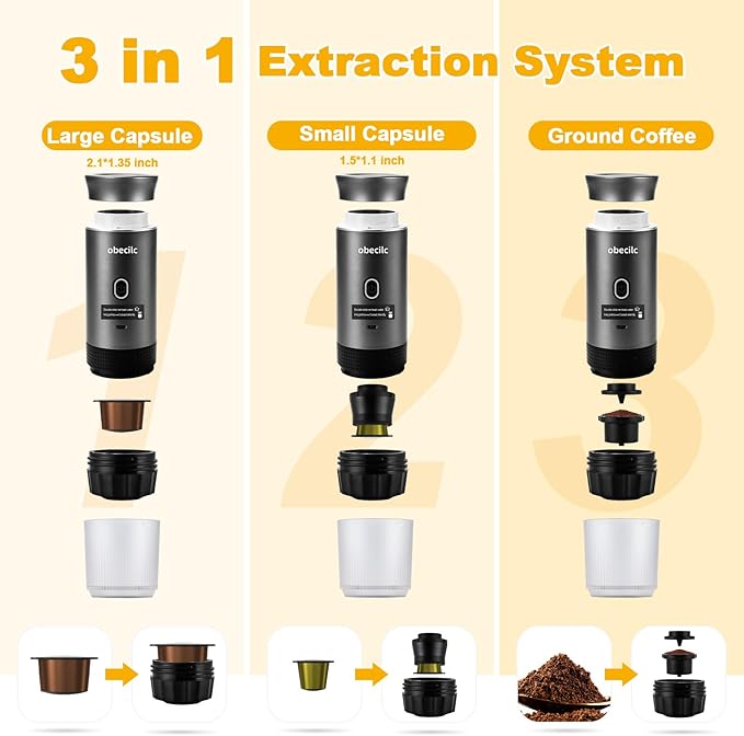 Portable Coffee Maker for Travel, 20 Bar Espresso Coffee Machine with USB-C,3-In-1 Travel Coffee Maker Self-Heating, Compatible with Ground Coffee & Capsule for Hiking,Office,RV（gray）