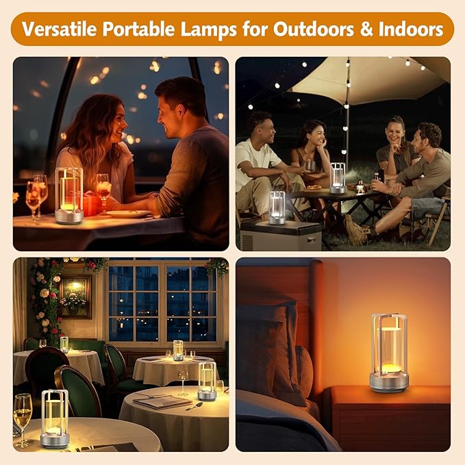 Portable Table Lamp for Outdoor Indoor: Cordless Rechargeable Desk Lamp with 3 Color Stepless Dimmable - Metal Battery Operated Small Lantern Light for Restaurant/Bedroom/Bar/Coffee Shop/Camping