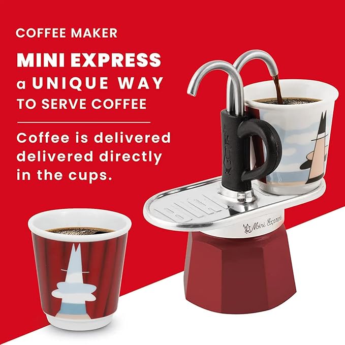 Bialetti - Mini Express Kandinsky: Moka Set includes Coffee Maker 2-Cups (2.8 Oz) + 2 shot glasses, Light Blue, Aluminum