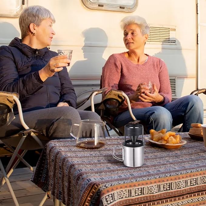 Camping Mug with Coffee Dripper, 6.8oz Stainless Steel Camping Mug Cup with Foldable Handle & Reusable Coffee Filter, Portable Camp Cookware for Outdoor Backpacking