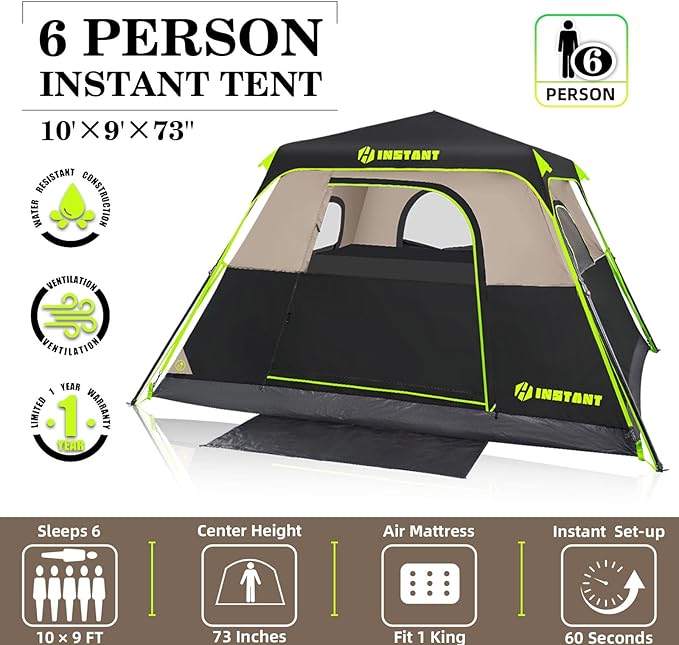 4/6 Person Instant Tent, Waterproof Pop Up Tents for Camping with Rainfly, 60 Seconds Easy Setup, Automatic Cabin Tent for Family Camping with Expandable Carry Bag & Upgraded Ventilation