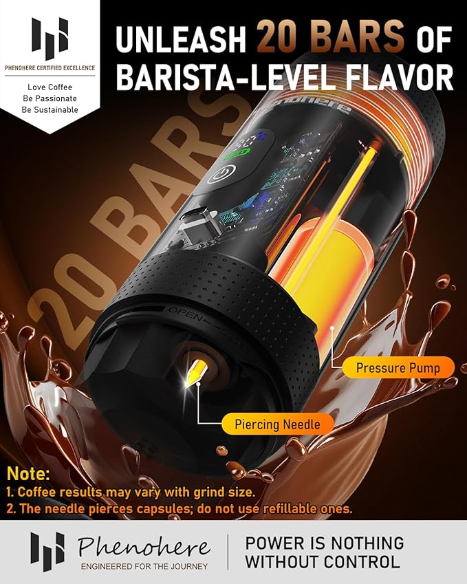 Portable Electric Espresso Machine–20Bar Self‑Heating travel coffee maker with 7500mA Battery (Midnight Black)