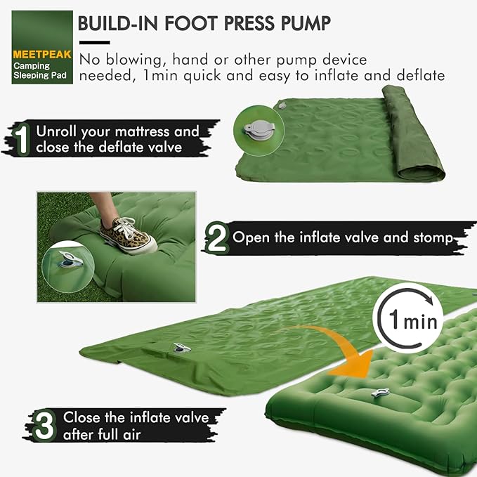 MEETPEAK Extra Thickness 5 Inch Inflatable Sleeping Pad Built-in Pump, Durable Waterproof Camping Air Mattress for Backpacking Traveling Hiking, Compact & Lightweight Camping Sleeping Mat