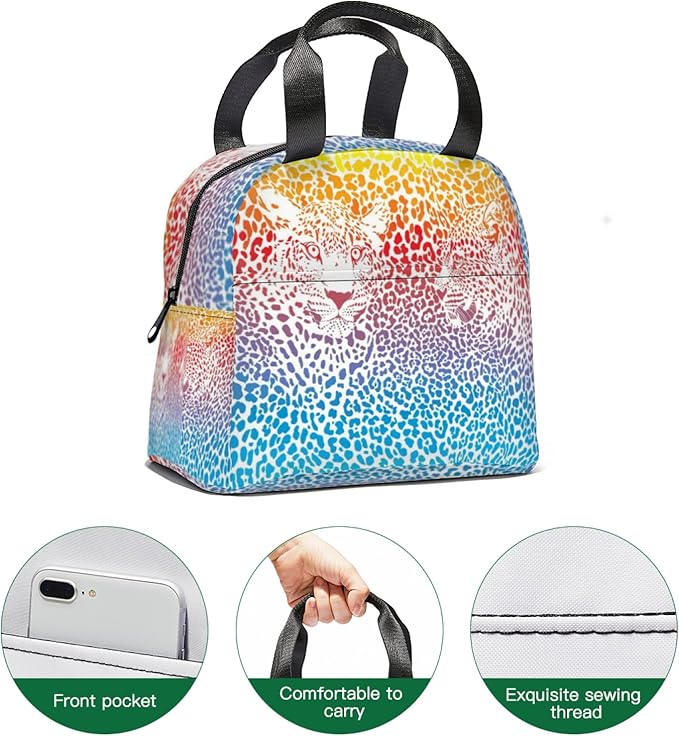 Giwawa Rainbow Leopard Print Lunch Bag for Kids Girls Boys Colorful Cheetah Animal Insulated Lunch Box Reusable Thermal Lunch Cooler Tote Bags with Front Pocket for Men Women Picnic Travel