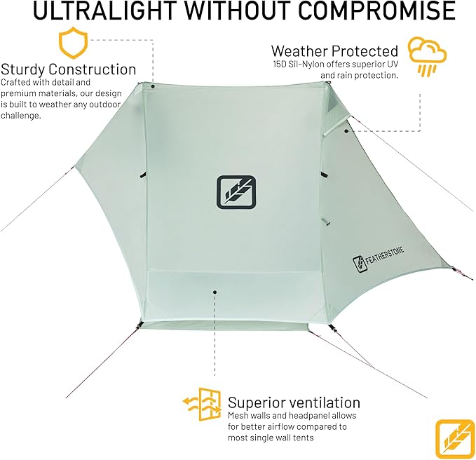 Featherstone Backbone Ultralight Tent for Backpacking, Camping, Thru Hiking - Trekking Pole Backpacking Tent - Waterproof, Single-Wall, Durable Shelter - Compact, Light, & Easy to Carry