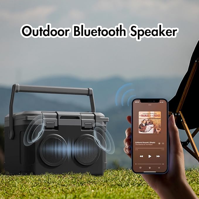 Camp Cooler with Bluetooth Speaker 22 Quart，48 Hours Ice Retention, Portable Handle, Outdoor Camping Cooler for BBQs, Beach, Hiking