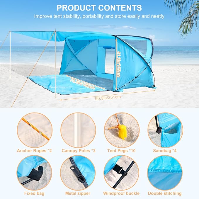 Beach Tent with Canopy, Beach Cabana Sun Shelter for 4-6 Person, Lightweight Portable Beach Cabana with UPF 50+ Sun Shelter and Ventilation Windows, Ideal for Family Fun and Outdoor Camping