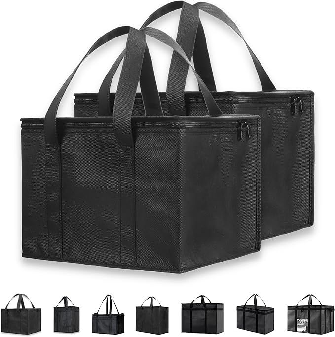 NZ Home Insulated Cooler Bag and Food Warmer (Medium, 2 pack) for Food Delivery & Grocery Shopping with Zippered Top, Black
