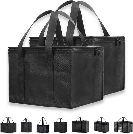 NZ home Insulated Cooler Bag and Food Warmer (Small, 2 pack) for Food Delivery & Grocery Shopping with Zippered Top, Black