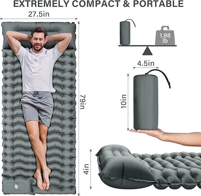Camping Sleeping Pad, Ultralight Camping Mat with Pillow Built-in Foot Pump Inflatable Sleeping Pads Compact for Camping Backpacking Hiking Traveling - Gray