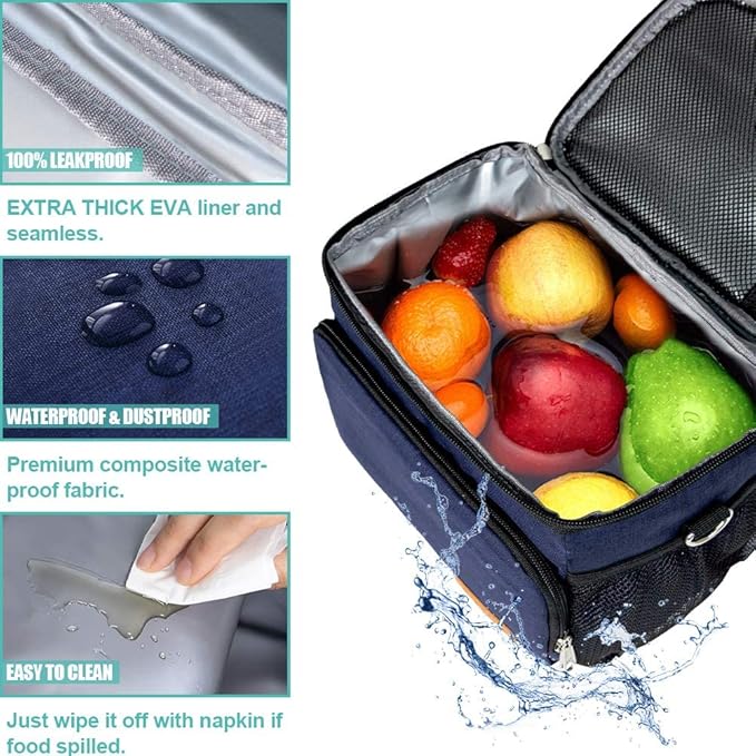 Tiblue Insulated Lunch Bag for Women/Men, Reusable Lunch Box for Office Work School Picnic Beach, Leakproof Freezable Cooler Bag with Adjustable Shoulder Strap for Kids/Adult(Medium, Navy Blue)