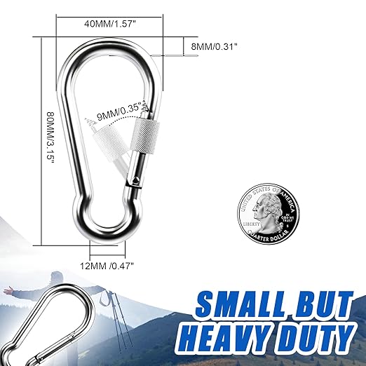 KINLINK 10 Pack Screw Locking Carabiner, 3.15 inch Heavy Duty Carabiner Clips, 304 Stainless Steel Small Caribeener Clips, Caribiniers for Outdoor Camping, Swing, Hammock, Hiking, Quick Link
