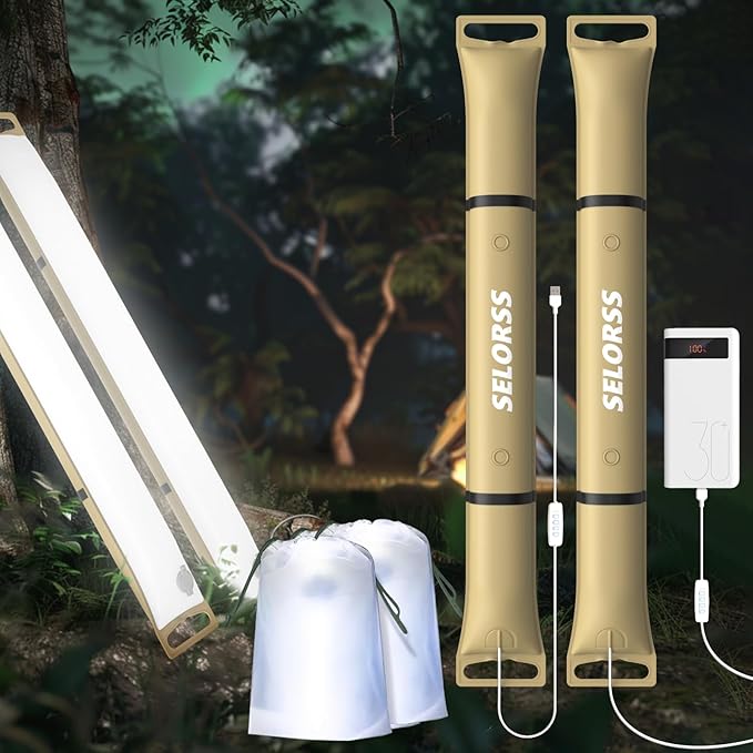 SELORSS Portable Inflatable Folding Outdoor Camping Light, IP66 Waterproof Standard with USB Plug for Camping, Hiking, Traveling and Other Outdoor environments.(Khaki Two-Piece)