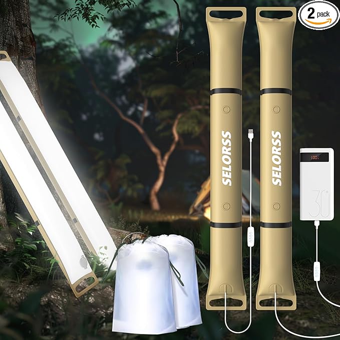 SELORSS Portable Inflatable Folding Outdoor Camping Light, IP66 Waterproof Standard with USB Plug for Camping, Hiking, Traveling and Other Outdoor environments.(Khaki Two-Piece)