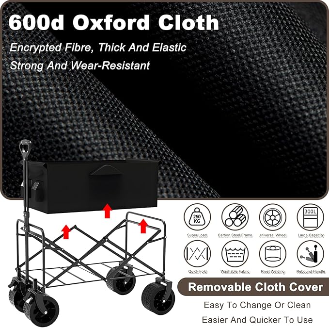 300L Collapsible Wagon with Wheels,500lbs Extra Long Fold Up Wagons Carts,Folding Wagon Cart with Adjustable Handle,with Side Pocket and Brakes for Grocery Shopping Camping Outdoor Sports Beach Garden