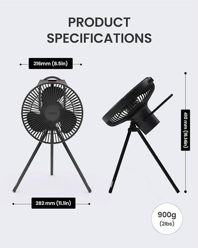 Claymore V1040 Fan (Black) - Premium Rechargeable Portable Air Circulator. Powerful, Quiet with Large 10,400mAh Battery, Versatile Stand & Remote Control. Up to 23 Hours Runtime, All Seasons.
