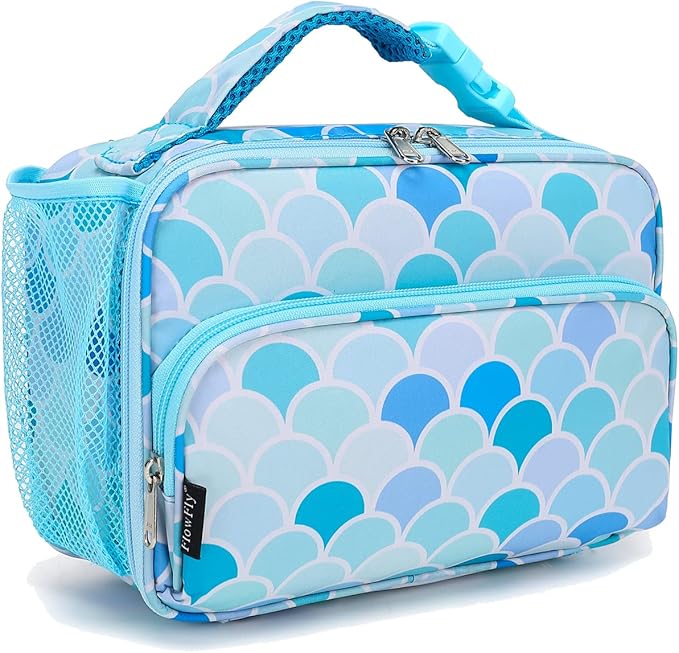 FlowFly Kids Lunch box with buckle Insulated Cooler Back to School Thermal Meal Tote Kit for Girls, Boys (Mermaid)