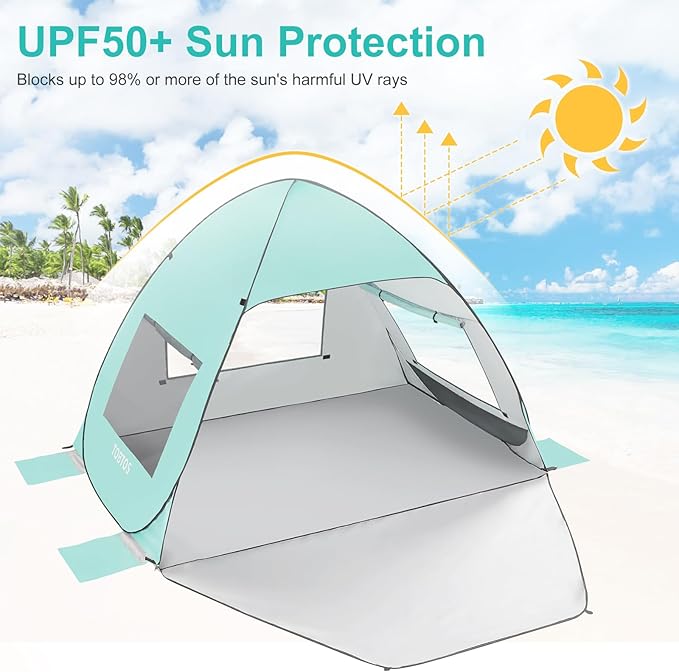 TOBTOS UPF 50+ Pop Up Beach Tent, Easy Set Up Beach Umbrella, Sun Shelter for 2-3 People UV Protection Portable Sunshade, Baby Canopy Cabana, Lightweight with Carry Bag