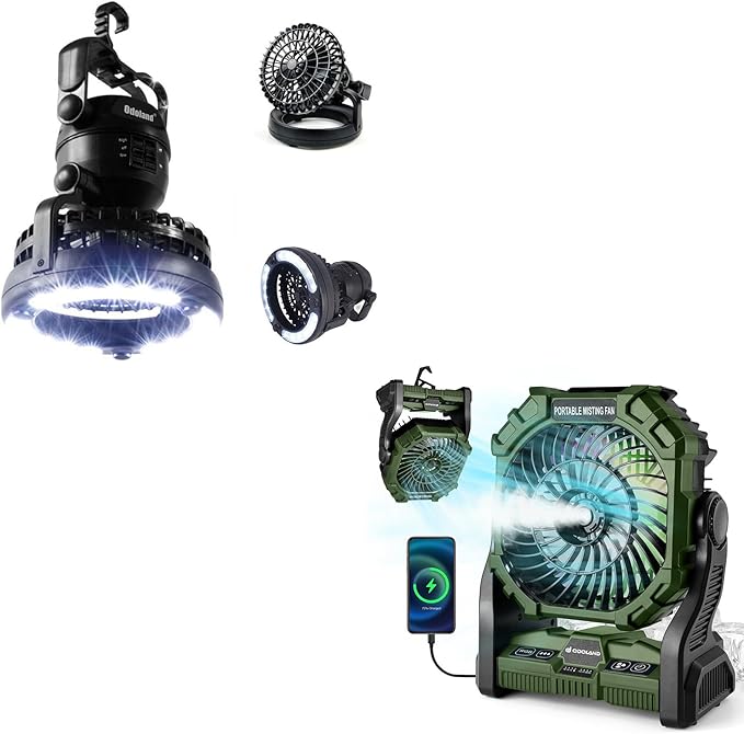 Odoland Bundle - 2 Items Portable LED Camping Lantern ＆ Portable Misting Fan with Light & 250mL Water Tank