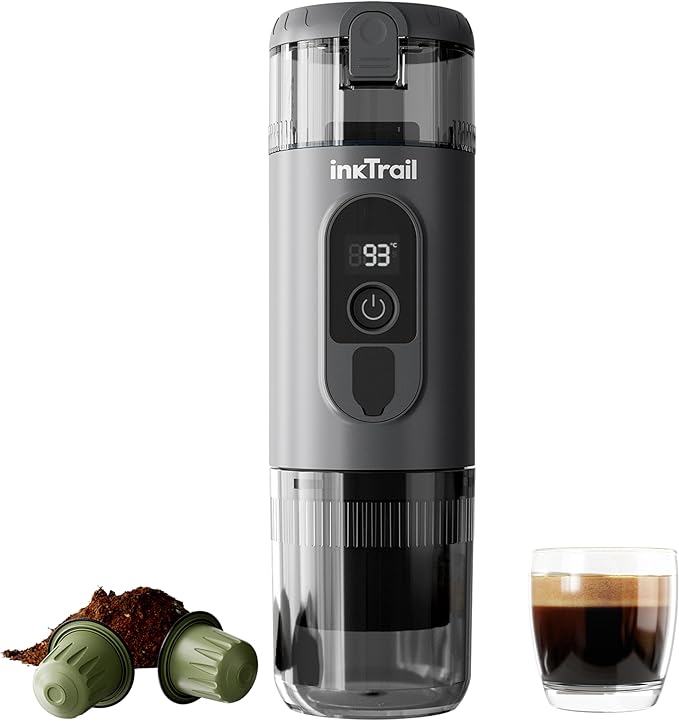 InkTrail Portable Electric Espresso Machine,Travel Coffee Maker for Camping, Self-Heating with Rechargeable Battery, Compatible with Ground Coffee & NS Original Capsule for Car, RV, Hiking, Office