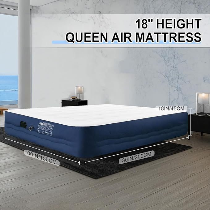 Queen Air Mattress with Built-in Pump | 3-Min Fast Inflation & 600lbs Support | 18" Dutch Velvet Top for Camping, Guest Bed | Portable Inflatable Mattress (Blue)