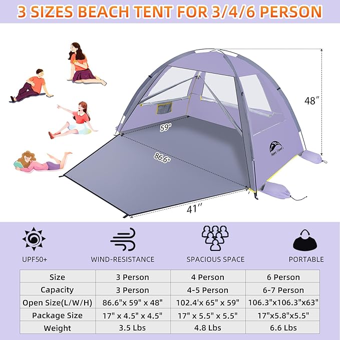 Happy Travel Beach Tent, UPF 50+ UV Protection Sun Shade Shelter for 3/4/5/6/7/8 Person, Portable Beach Canopy for Family & Baby, Lightweight & Easy Setup Beach Cabana with 3 Ventilation Mesh Windows