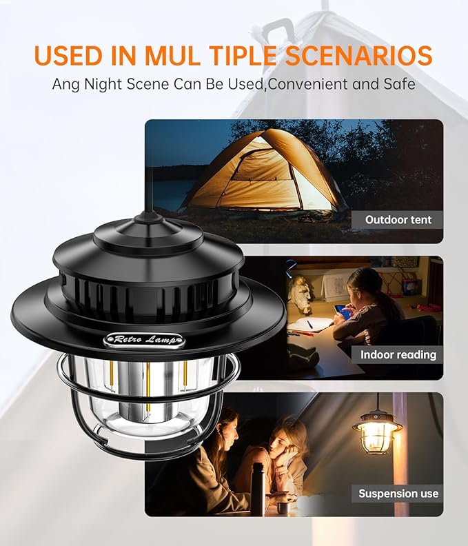 Vintage LED Camping Lantern - Rechargeable 4400mAh, 50-500 Lumens, 4 Lighting Modes, Portable COB Edison-Style Lamp with USB Output, IPX4 Waterproof for Outdoor Camping