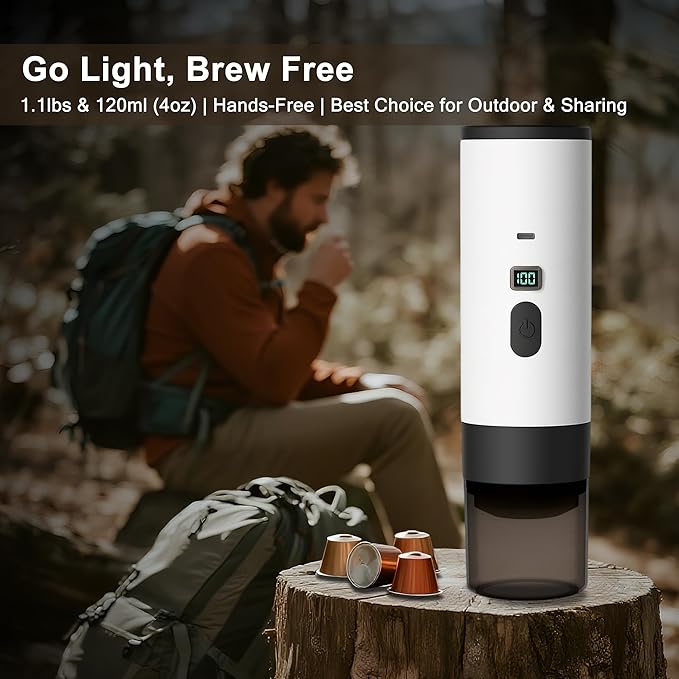 Portable Espresso Maker, Hands-Free Travel Coffee Makers for Camping, Car Self-Heating Espresso Machine with USB-C, With Ground Coffee & NS Capsules for RV/Office/Hiking