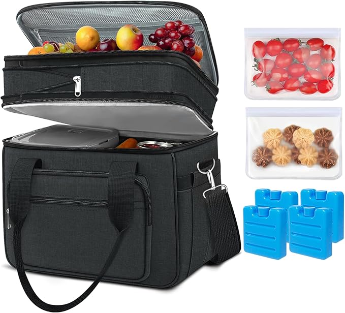 Coobiiya Lunch Box for Men Expandable Lunch Bag, 23L Large Cooler Lunch Box, Insulated Lunch Bag for Work/Adult with 4 Ice Packs&2 Snack Bags Double Deck Leakproof Heavy Duty bags for Women- Black
