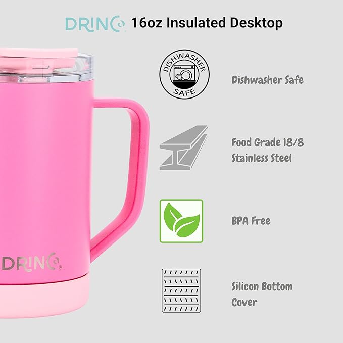Drinco 16 oz Coffee Mug, Vacuum Insulated Camping Mug with Lid, Double Wall Stainless Steel Travel Mug Insulated Tumblers Coffee Mugs Coffee Cups Tea Cup (16oz Island Pink)