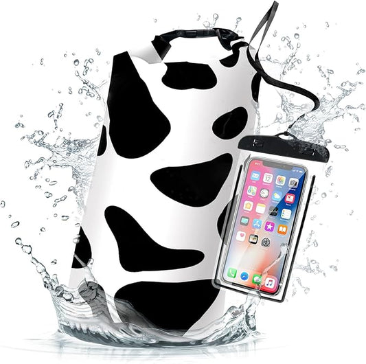 Waterproof Dry Bag,Roll Top Cow Print Black White Small Waterproof Backpack 5L/10L/20L Floating Lightweight Bags for Kayaking, Boating, Fishing, Swimming Camping with Waterproof Phone Case