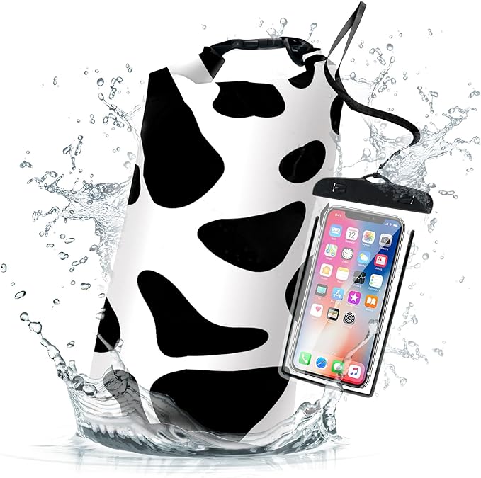 Waterproof Dry Bag,Roll Top Cow Print Black and White Waterproof Backpack 5L/10L/20L Floating and Lightweight Bags for Kayaking, Boating, Fishing, Swimming and Camping with Waterproof Phone Case