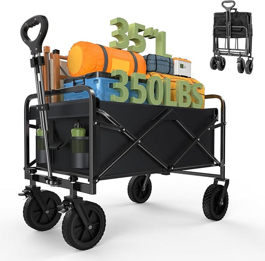 Collapsible Wagon Cart Foldable, 35" L Folding Beach Wagon with All-Terrain Wheels, Heavy Duty Shopping Cart with 350lbs Large Capacity, Portable Camping Wagons Carts for Grocery Garden, Black