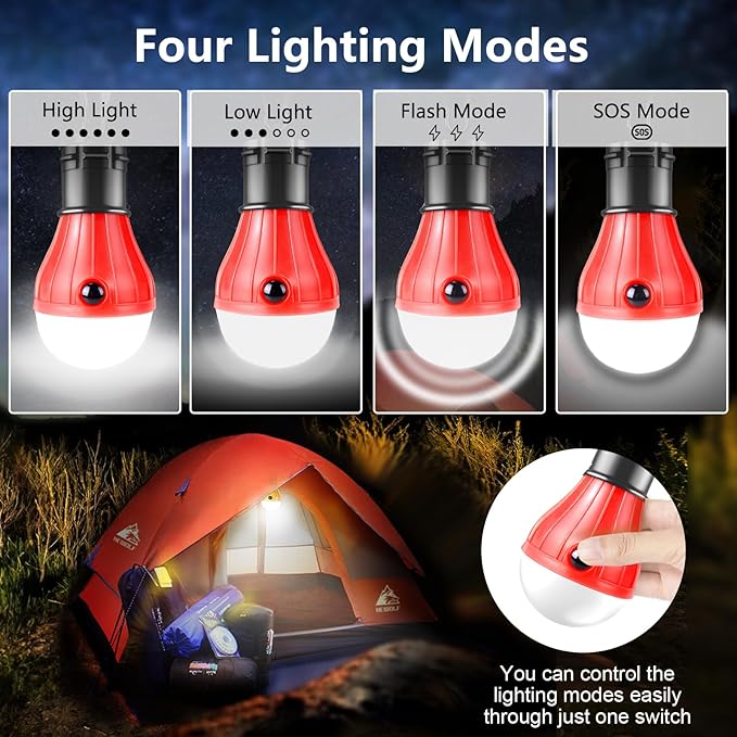PEMOTech Camping Lantern 4 Pack, 4 Lighting Modes LED Camping Lights Bulbs with Clip Hooks, Waterproof Portable Battery Operated Emergency Tent Lights for Outdoor Camping Hiking Fishing Hunting