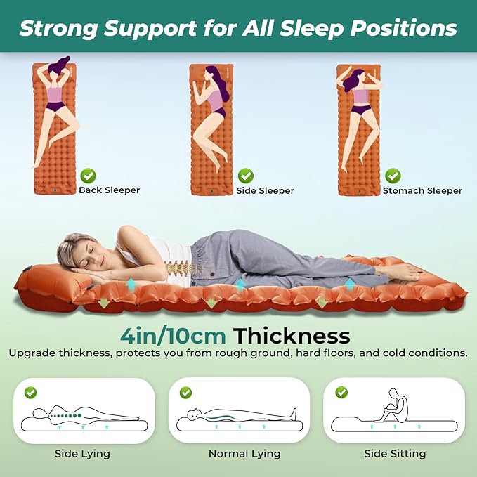 Sleeping Pad for Camping, Ultralight Inflatable Camping Mattress with Adjustable Pillow, Compact Sleeping Mat with Built-in Foot Pump, 4in Thick Air Mattress for Camping, Hiking-Orange
