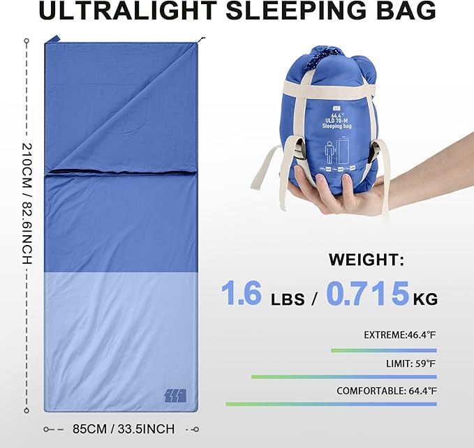 Ultralight Warm Weather Sleeping Bag - Portable, Waterproof, Compact Lightweight, Comfort with Compression Sack - Great for Outdoor Camping, Backpacking & Hiking